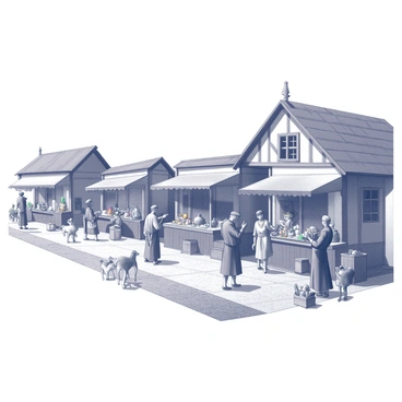 A medieval village market scene filled with activity. Several stalls are arranged in a row, each displaying various goods such as fruits, vegetables, fabrics, and pottery. Villagers in period attire are engaged in conversation, some are bartering while others carry baskets filled with items. The architecture of the nearby buildings reflects a rustic style, featuring thatched roofs and wooden beams. A cobblestone path runs through the market, with children playing nearby and a few animals like goats and chickens wandering around.