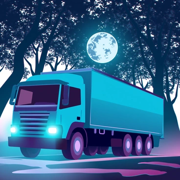 A large truck with dim headlights, casting a soft glow on the ground. It is parked beneath a dense canopy of tall, moonlit trees, their leaves illuminated by the moonlight filtering through the branches. The scene is tranquil, with shadows dancing on the ground, created by the gentle breeze rustling the leaves. The truck's metallic surface reflects the silvery light of the moon, adding a subtle sheen to its exterior. The nighttime ambiance is highlighted by scattered patches of light and shadow, creating a mysterious atmosphere.