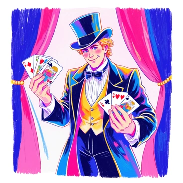 A magician stands confidently, wearing a classic black top hat and a tailored suit with a white shirt and a black bow tie. He holds a deck of cards fanned out elegantly in one hand, showcasing the colorful designs of the cards. His other hand is poised dramatically, ready to reveal a trick. The magician has a sly smile on his face, and his eyes sparkle with mischief. Behind him, there is a faint hint of a stage curtain, adding to the atmosphere of the performance.