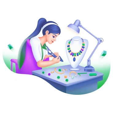 A jeweler is seated at a workbench, carefully crafting an intricate necklace. The jeweler is focused, with tools spread out on the table, including pliers, a soldering iron, and a selection of gemstones. The necklace design incorporates various colorful gemstones, including deep blue sapphires, vibrant green emeralds, and sparkling diamonds, all meticulously arranged. Surrounding the necklace are precious metal components, including gold and silver links, ready to be assembled. The workspace is filled with soft light, highlighting the details of the necklace and the precision of the jeweler's hands.