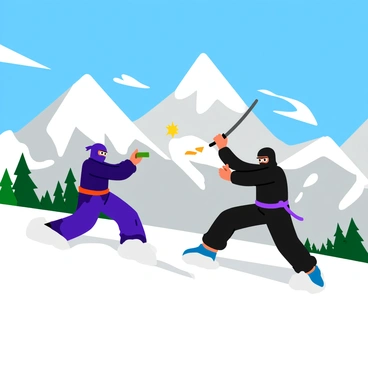 Ninjas dressed in black and dark blue outfits are engaged in a fierce battle on the snowy peaks of a tall mountain. The scene features two ninjas in action poses, one leaping through the air while throwing shurikens, and the other deflecting with a katana. Snow swirls around them, kicked up by their movements, creating a dynamic atmosphere. In the background, jagged mountain cliffs rise sharply against a clear blue sky, and patches of evergreen trees dot the snowy landscape. The sun glimmers off the white snow, adding a vibrant contrast to the ninjas' dark attire.