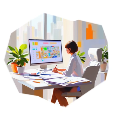 An urban planner with short brown hair is seated at a large desk in a bright, modern office. She is intently sketching out new city layout designs on a large sheet of paper. Various policy documents, colorful charts, and architectural plans are scattered around her on the desk. The office has large windows allowing natural light to fill the space, and a few potted plants are placed nearby, adding a touch of greenery to the environment. A computer screen displays a digital map of the city in progress.