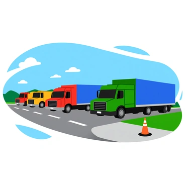 A row of transport trucks parked in a neat line along a paved surface. Each truck is brightly colored, with some being red, blue, and green. The trucks are all equipped with large trailers, and their doors are closed securely. The area is illuminated by natural sunlight, casting shadows on the ground. A clear sky is visible overhead, with a few fluffy white clouds. Nearby, there are a couple of traffic cones and a well-maintained grassy area, adding to the organized appearance of the scene.