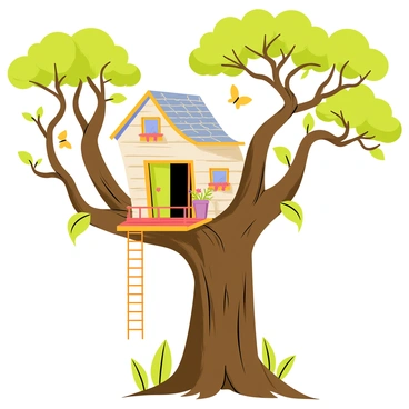 A whimsical treehouse perched high among the branches of a large, gnarled ancient tree. The treehouse has a curved, wooden structure with colorful shingles and a small balcony adorned with flower pots. The tree's thick, twisted branches extend outward, creating a natural canopy around the treehouse. Sunlight filters through the leaves, casting playful shadows on the wooden deck below. A rope ladder hangs down from the entrance of the treehouse, inviting adventurers to climb up. The surroundings are filled with vibrant green foliage and the occasional fluttering butterfly.
