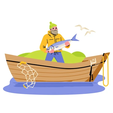 A fisherman with a weathered face and a thick beard stands proudly on the deck of a rustic wooden fishing boat. He wears a yellow raincoat and a green beanie. In his hands, he holds a large, silver cod fish that glistens in the sunlight. The boat is surrounded by blue water, and fishing nets are casually draped along the sides. The background features a few seagulls flying overhead and a distant shoreline dotted with green hills.
