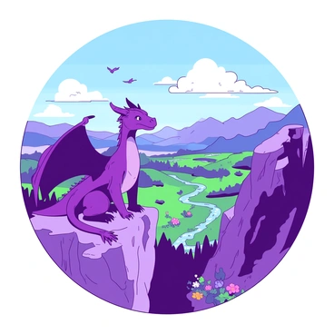 A purple dragon with shimmering scales is perched majestically on a rocky cliff overlooking a vast landscape. Below the cliff, there is a vibrant green valley filled with colorful flowers and a winding river sparkling in the sunlight. In the sky above, fluffy white clouds drift lazily, while a few small birds fly nearby. The dragon's wings are partially spread, catching the light, and its eyes are bright and alert as it surveys its surroundings.