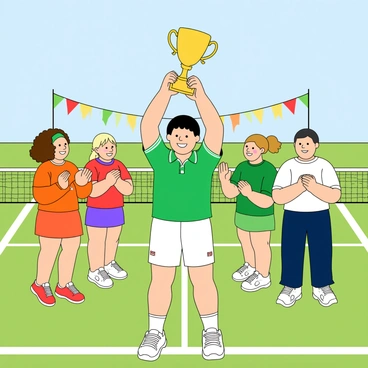 A jubilant tennis player with short black hair and a bright smile, wearing a green and white sports uniform, raises a shiny gold trophy high above their head. The player is standing on a vibrant green grass court, with freshly marked white lines. Surrounding the player are three teammates, each wearing colorful sports attire, clapping and cheering. One teammate has curly brown hair, another has straight blonde hair, and the third has a ponytail. In the background, there are banners and a clear blue sky, adding to the celebratory atmosphere.