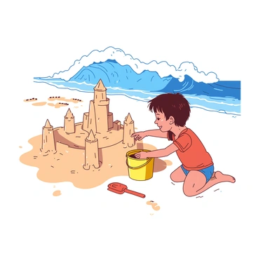 A small child with a bright yellow bucket is kneeling on the wet sand, diligently sculpting a sandcastle with intricate towers and a wide moat. The child's face is focused and determined, with strands of hair sticking to their forehead. Nearby, a large blue wave is rolling toward the shore, its foamy crest glinting in the sunlight. The child is reaching out with a small orange plastic shovel, adding the finishing touches to the sandcastle just as the wave approaches. In the background, there are footprints leading to the sandcastle, hinting at the child's playful journey on the beach.