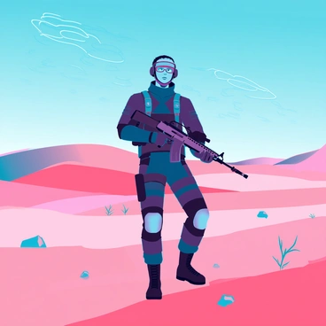 A soldier dressed in modern tactical gear is patrolling a vast desert landscape. The soldier has a determined expression, with a camouflage helmet and goggles reflecting the bright sun. Around them, undulating sand dunes rise and fall in the background, creating a stark contrast against the clear blue sky. The ground is littered with small rocks and sparse vegetation, while the heat of the day creates ripples of mirage in the air. The soldier is holding a rifle at the ready, scanning the horizon for any signs of movement.