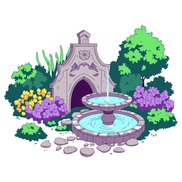 A medieval garden features a beautifully crafted stone fountain at its center, intricately designed with carvings of leaves and mythical creatures. The water flows gently from the fountain, creating small ripples in the surrounding area. Surrounding the fountain, there are vibrant flowering plants in various colors, including clusters of purple and yellow blossoms. Lush green foliage provides a rich backdrop, enhancing the beauty of the garden. Pathways made of cobblestone wind through the garden, inviting exploration of this tranquil space.