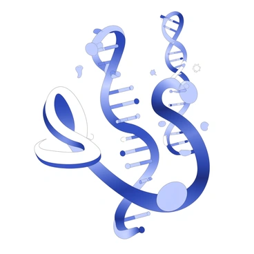 A modern art piece consists of abstract forms that intertwine and overlap, resembling the structure of DNA strands. There are spirals and helix patterns that twist gracefully, depicting the action of DNA polymerase. The forms are dynamic, suggesting movement as they expand and contract, representing the synthesis process. There are various shapes symbolizing nucleotides that appear to be connecting along the strands, illustrating the function of building DNA sequences. The overall composition is a captivating exploration of molecular biology through abstract representation.