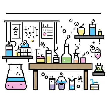 A laboratory with a wooden table cluttered with various glass beakers and flasks filled with colorful bubbling potions. Some potions are glowing, casting a soft light on the surrounding surfaces. Strange contraptions made of metal and glass are scattered throughout the room, with tubes and wires connecting them. Puffs of colorful smoke are rising from different devices, swirling in the air. Shelves lined with worn books and jars contain mysterious ingredients, adding to the atmosphere of the room. The walls are decorated with charts and diagrams related to alchemy and potion-making.