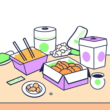 A collection of classic Chinese takeout containers is arranged on a wooden table. Each container is filled with an array of delicious dishes, including fried rice, sweet and sour chicken, and spring rolls. The containers are white with green and purple designs, some with chopsticks resting on top. In the background, a small plate with a side of dumplings is visible, alongside a green napkin. Light reflects off the containers, highlighting their glossy surface.