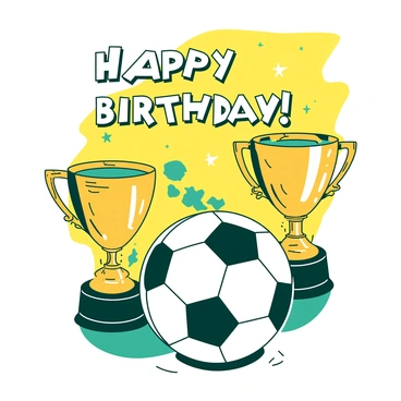 A yellow birthday card features a large black and white soccer ball positioned in the center. Surrounding the soccer ball are three shiny gold trophies of varying heights, each with intricate details on the surface. The background has a pattern of teal stars and lines that suggest movement, emphasizing the excitement of sports. At the top of the card, in bold letters, the text reads "Happy Birthday!" in white font.
