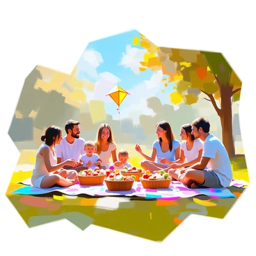 A group of families from diverse backgrounds is gathered in a sunny park, engaging in a joyful picnic. The scene features individuals of various ethnicities, including children playing and adults chatting. Colorful picnic blankets are spread out on the grass, with baskets filled with an assortment of food such as sandwiches, fruits, and snacks. A child is flying a kite nearby, while another is playing with a frisbee. Trees provide shade, and a blue sky with fluffy clouds enhances the cheerful atmosphere. Everyone appears happy and relaxed, enjoying the moments shared together.