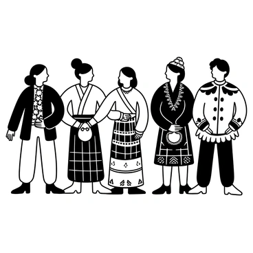 A group of five individuals, each dressed in distinct traditional clothing representing different cultures. On one side, a person wearing a kimono with intricate patterns stands proudly. Next to them, another individual is adorned in a vibrant sari, featuring detailed embroidery. The third person is dressed in a Scottish kilt, complete with a tartan pattern and a sporran. Beside them, an individual wears a colorful dashiki decorated with bold designs. Finally, a person in a traditional Mexican poncho stands, showcasing beautiful designs. They are arranged in a semi-circle, highlighting the diversity of attire and cultural heritage.