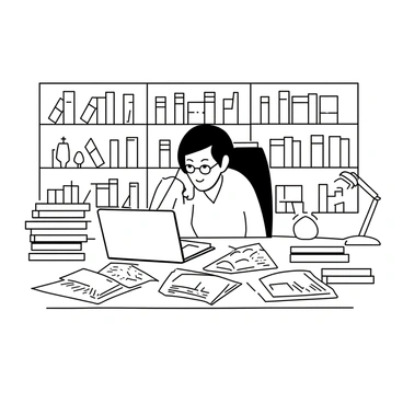 A researcher sitting at a large wooden desk cluttered with stacks of books and papers. The researcher has short, dark hair and is wearing glasses. They are leaning forward, intently studying a series of charts and graphs laid out in front of them. Various financial documents are scattered around the desk, and a laptop is open beside them. A large bookshelf filled with various finance and economics books is visible in the background. A small desk lamp casts light over the papers, revealing notes and annotations made by the researcher.