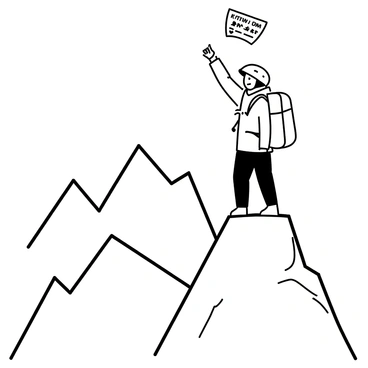 A mountain climber is standing triumphantly at the summit of a steep, jagged mountain. The climber is wearing a helmet and a thick jacket, with a backpack secured on their back. They are raising one arm in victory, while the other hand rests on a large rock. At the peak, there is a prominent plaque displaying a high GPA score. The background features additional rugged mountain peaks and a clear sky.