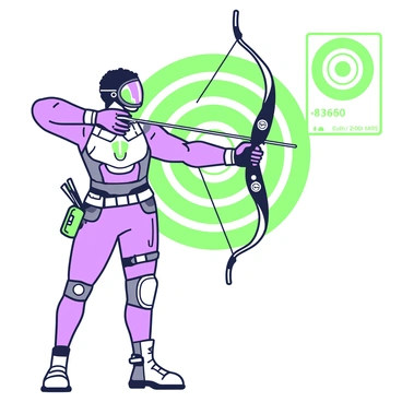 A futuristic archer with a high-tech compound bow, aiming at a holographic target