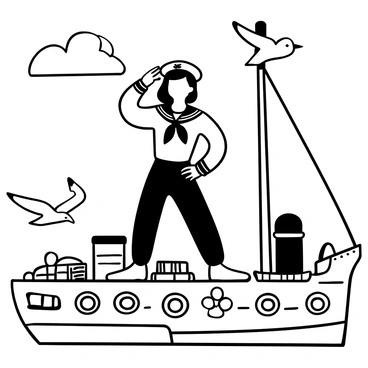 A pin-up girl dressed as a sailor stands confidently on a ship's deck, one hand raised in a salute. She wears a classic sailor outfit, complete with a sailor hat and a tied neckerchief. The ship's deck is detailed with wooden planks, ropes, and nautical equipment. Several seagulls are depicted flying in the background, adding movement to the scene. The sky above is clear, suggesting a bright day at sea.