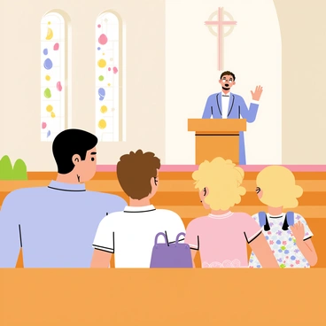 A family of four sitting together in a wooden church pew. The father, wearing a light blue dress shirt, is leaning slightly forward with a focused expression. The mother, dressed in a floral dress, is holding a small purple handbag on her lap. Two children, a boy and a girl, are sitting between them; the boy has short brown hair and is wearing a white polo shirt, while the girl has curly blonde hair and is dressed in a pastel pink dress with white lace details. The church interior features stained glass windows casting colorful light, and a pulpit is visible in the front, where a priest is delivering the Easter sermon. The atmosphere conveys a sense of unity and reverence as the family listens intently.