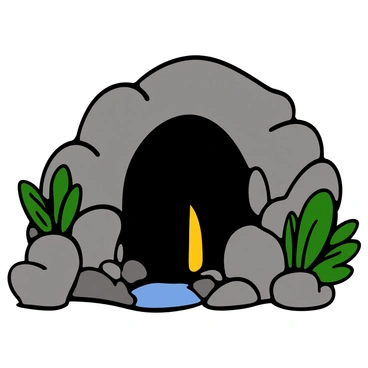 A dark cave entrance surrounded by rugged rocks and lush green foliage. The entrance is illuminated by a soft, inviting light emanating from within, creating a contrasting warm glow against the cool colors of the rocky surroundings. Shadows dance along the cave’s entrance, highlighting the textures of the stone and the leaves of nearby plants. The scene suggests a sense of intrigue and wonder, encouraging exploration into the mysterious depths beyond.