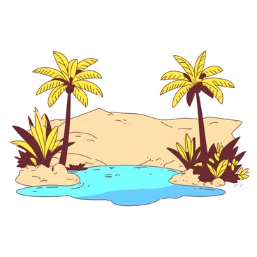 A duotone illustration features a bright yellow oasis in the desert. In the center, a tranquil pool of blue water reflects the sky, surrounded by vibrant yellow palm trees with broad leaves. The lush greenery includes various types of plants with large leaves and soft ferns, providing a contrast to the sandy beige desert that stretches into the background. The scene is peaceful, evoking a sense of refuge in a vast, arid landscape.