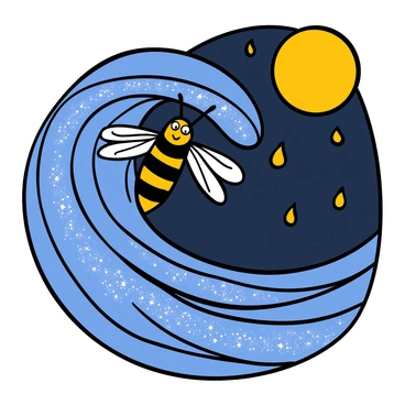 A bee with black and yellow stripes is surfing on a wave made of shimmering nectar. The wave is glistening in the moonlight, reflecting silvery light across its surface. The moon is bright and full, casting a soft glow over the scene. The bee has its wings spread wide, showcasing intricate details, as it balances on the crest of the wave, exuding a sense of excitement and adventure. Surrounding the wave, there are small droplets of nectar sparkling like tiny stars in the night sky.