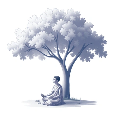 A figure sitting cross-legged on the ground, meditating peacefully in the shade of a large fig tree. The fig tree has a thick trunk and expansive branches, providing a canopy that filters light. The leaves of the tree are detailed, with some leaves gently overlapping others. The figure is dressed in simple, flowing garments that drape over their form. The surroundings feature a soft carpet of grass and a few scattered fallen leaves. A sense of calmness is present in the posture and expression of the meditating figure.