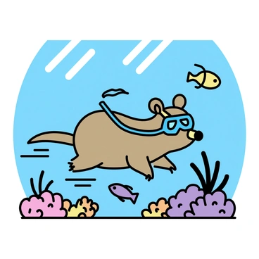 A wombat wearing a blue snorkeling mask and a matching snorkel is gliding through a vibrant underwater scene. The clear ocean water allows sunlight to filter through, illuminating the colorful coral reefs below. Various species of fish, in bright hues of yellow, orange, and purple, swim gracefully among the corals. The wombat is surrounded by swaying sea plants, adding to the lively underwater atmosphere.