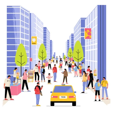 A bustling city street filled with many people walking in various directions. There are tall buildings made of glass and concrete on both sides, reaching high into the sky. Some people are chatting while others are focused on their phones. A few street vendors are set up on the sidewalk, selling snacks and drinks. Colorful billboards and signs are displayed on the buildings, adding vibrancy to the scene. A yellow taxi cab drives by, contributing to the lively urban atmosphere.