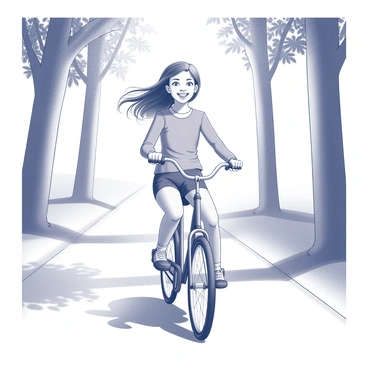 A young girl is riding her bicycle down a path. She has a big smile on her face, showcasing her joy. The path is surrounded by tall trees, their trunks extending upward, creating a natural border on either side. Sunlight filters through the leaves, casting dappled shadows on the ground. The girl is wearing a bright outfit, and her hair is flowing in the wind as she pedals. The bicycle has a classic design, featuring a comfortable seat and sturdy handlebars.