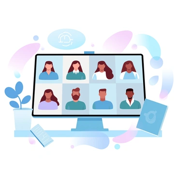 A computer screen displays a grid of participants in a virtual meeting. Each participant shows a different hairstyle and outfit, representing a variety of cultures and backgrounds. The screen is surrounded by a modern workspace that includes a plant and a notebook. The atmosphere is filled with colorful geometric shapes and patterns in the background, enhancing the lively and engaging nature of the virtual interaction.
