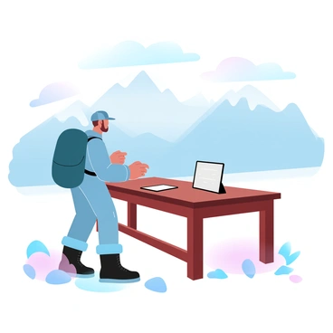 A hiker is standing at a wooden table, intently signing up for a mountain trek on a tablet. The hiker is wearing a backpack and rugged outdoor clothing, showcasing gear suitable for a hike. In the background, there are majestic mountains with snow-capped peaks, and the sky is filled with gradient pastel colors. The foreground features a few scattered rocks and patches of grass, complementing the natural landscape.