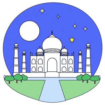 The Taj Mahal stands majestically, illuminated by the soft glow of a full moon. The iconic white marble dome reflects the moonlight, creating a serene ambiance. Surrounding the Taj Mahal are lush green gardens with neatly trimmed hedges. In the night sky above, numerous stars twinkle brightly, adding to the enchanting atmosphere. The scene captures the architectural grandeur of the monument against the backdrop of a clear, starry night.