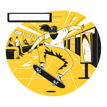 A skateboarder weaving through a subway station concourse with a dark-colored skateboard under their feet. The person is wearing a fitted black helmet and protective gear on their elbows and knees. They are performing a smooth maneuver, leaning slightly to one side, with their hair flowing behind them. In the background, there are people waiting for trains, with signs and advertisements mounted on the walls. The floor of the concourse features tiles reflecting the overhead lights, adding depth to the busy atmosphere.