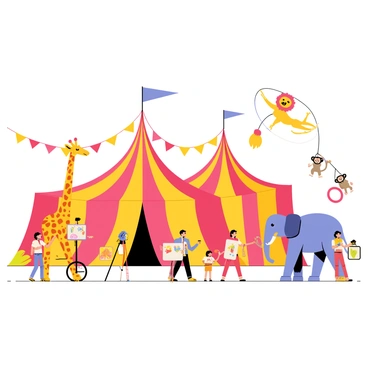 A lively circus scene featuring large, colorful tents with red and yellow stripes. In front of the tents, a group of performing animals is showcased, including a tall giraffe balancing on a unicycle and a playful elephant painting on a canvas. Two acrobatic monkeys swing from a trapeze above, while a lion jumps through a flaming hoop. Brightly colored banners flutter in the breeze, adding to the festive atmosphere. The ground is filled with joyful children and adults watching the performances with excitement.