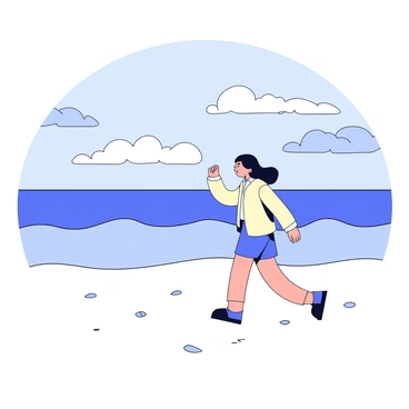 A single figure is walking along a deserted beach. The figure is wearing a light-colored, loose-fitting shirt and shorts. The person has long hair that gently sways with the breeze. The sand appears smooth and is dotted with small shells. In the background, the ocean has gentle waves lapping at the shore. Above, a cloudy sky is filled with various shades of gray, suggesting an impending change in weather.