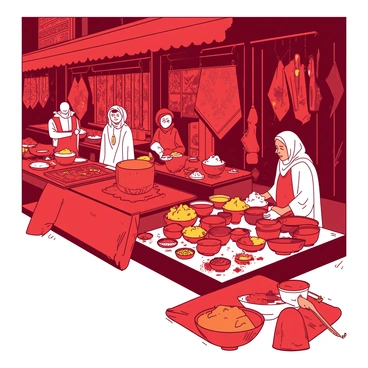 A red bustling bazaar is filled with various merchants. On one side, a merchant displays an array of colorful spices in small wooden bowls, their vibrant hues inviting customers. Beside the spice stall, another merchant showcases a collection of richly patterned textiles hanging from a wooden rack, displaying intricate designs. A third vendor is presenting an assortment of glimmering jewelry, with necklaces and bracelets sparkling under the warm light. The atmosphere is lively, with customers engaging in conversations as they browse the offerings.