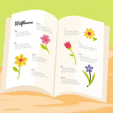 An open book with a light beige cover lies on a wooden surface. The pages are filled with colorful illustrations of various wildflowers. Each flower is depicted in vibrant colors, showcasing their unique shapes and sizes. Next to each flower, there are labels in elegant script with the names enclosed in quotes. Below each name, there are detailed descriptions that provide information about the flowers, written in smaller text. The background of the illustration is a soft green, suggesting a meadow setting.