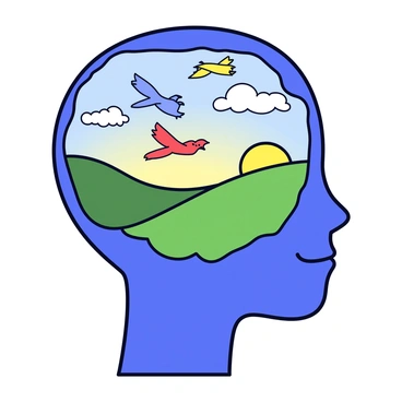 A person's head is depicted in profile, showcasing a silhouette with a thoughtful expression. Inside the silhouette, a vibrant landscape is visible, featuring several birds in flight, their wings spread wide. The birds are various colors, including blue, yellow, and red, soaring through fluffy white clouds. The background of the landscape blends shades of green from rolling hills and the golden hue of a setting sun. The horizon is softly curved, creating a sense of depth and whimsy within the person's imagination.