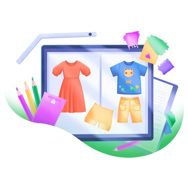 A screen displaying detailed CAD sketches of various colorful kidswear outfits. The outfits include a bright red dress with balloon sleeves, a blue T-shirt with playful animal prints, and yellow shorts with pockets. Surrounding the screen are colored pencils and fabric swatches in pastel shades, contributing to the design theme. A small ruler and a notepad with notes can also be seen next to the screen, emphasizing the design process.