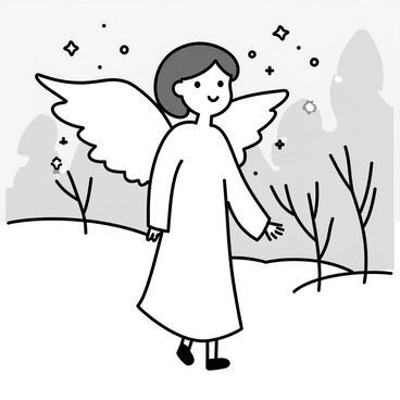 An angel with flowing white robes is walking gracefully through a snowy winter landscape. Her wings are outstretched, and the feathers are detailed and shimmering. Snowflakes gently fall around her, accumulating on the ground and on her shoulders. In the background, there are snow-covered trees with bare branches, creating a serene atmosphere. The ground is blanketed in a thick layer of soft, white snow, and the sky is overcast with a pale gray hue.