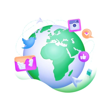 A globe composed of interconnected social media icons, including a blue bird for Twitter, a camera for Instagram, a thumbs-up for Facebook, and a speech bubble for messaging apps. The icons are arranged to form the contours of continents, creating a network-like effect. The globe has a pastel color palette, with soft blues, pinks, and greens. Surrounding the globe are small lines symbolizing connectivity and data flow, enhancing the theme of a global platform.