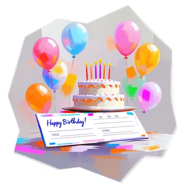 A colorful birthday voucher featuring a large, decorated cake with white frosting and vibrant candles atop it. Surrounding the cake are several balloons in various colors, including red, blue, yellow, and green, with some floating upwards. At the top of the voucher, there is a cheerful birthday message written in a playful font that says "Happy Birthday!" The background of the voucher is bright and festive, enhancing the celebratory theme.