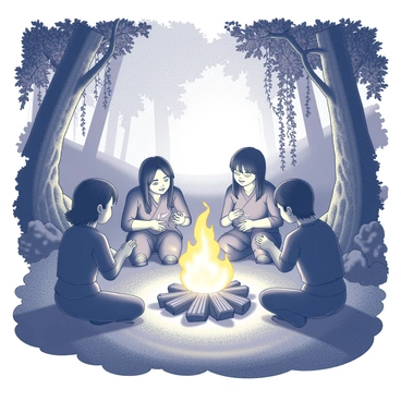 A group of Shugao figures is gathered around a campfire, creating a focal point of warmth in the scene. The figures are depicted in various poses, engaging with one another as they share stories. The campfire emits flickering flames and sparks that illuminate their faces. Surrounding them is a dense jungle, filled with towering trees, thick foliage, and intricate vines that drape down. The atmosphere suggests a sense of camaraderie and adventure among the characters in this vibrant setting.