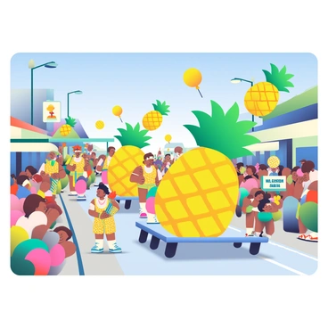 A lively festival parade with floats and costumes inspired by pineapples