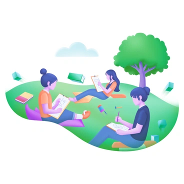 A modern pastel illustration depicting a university campus green area filled with students. Some students are sitting on the grass, focused on drawing in notebooks, with colorful art supplies scattered around them. Others are lounging on picnic blankets and enjoying the sunny day. A large tree provides shade in one corner, while a few textbooks are casually placed nearby. The atmosphere is lively, with students conversing and sharing ideas, in a setting that embodies creativity and relaxation.