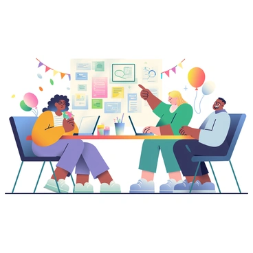 A diverse group of friends is gathered around a large wooden table, working collaboratively on a project. One person, a woman with curly black hair, is holding a stack of colorful sticky notes. Beside her, a man with glasses and dark brown hair is typing on a laptop, while another friend, a woman with straight blonde hair, is pointing at a large poster filled with diagrams and notes. A man with short, spiky hair is leaning back in his chair, smiling and giving a thumbs up. In the background, there are decorations such as balloons and streamers, indicating a celebration. Several drinks and snacks are placed on the table, enhancing the festive atmosphere.