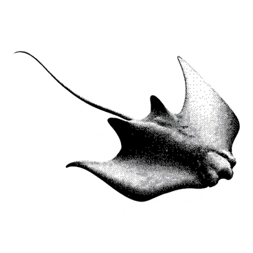 A stingray is depicted from a side view, showcasing its flat body and wide pectoral fins that extend gracefully. The stingray’s tail trails behind it, lengthy and slender, tapering to a sharp point. The surface of the stingray's body has intricate textures, capturing the details of its unique skin pattern. Its eyes are positioned on the top side of its head, slightly recessed, giving it a calm and observant expression. The setting emphasizes the smooth curves and edges of the stingray's form, enhancing its elegant silhouette.